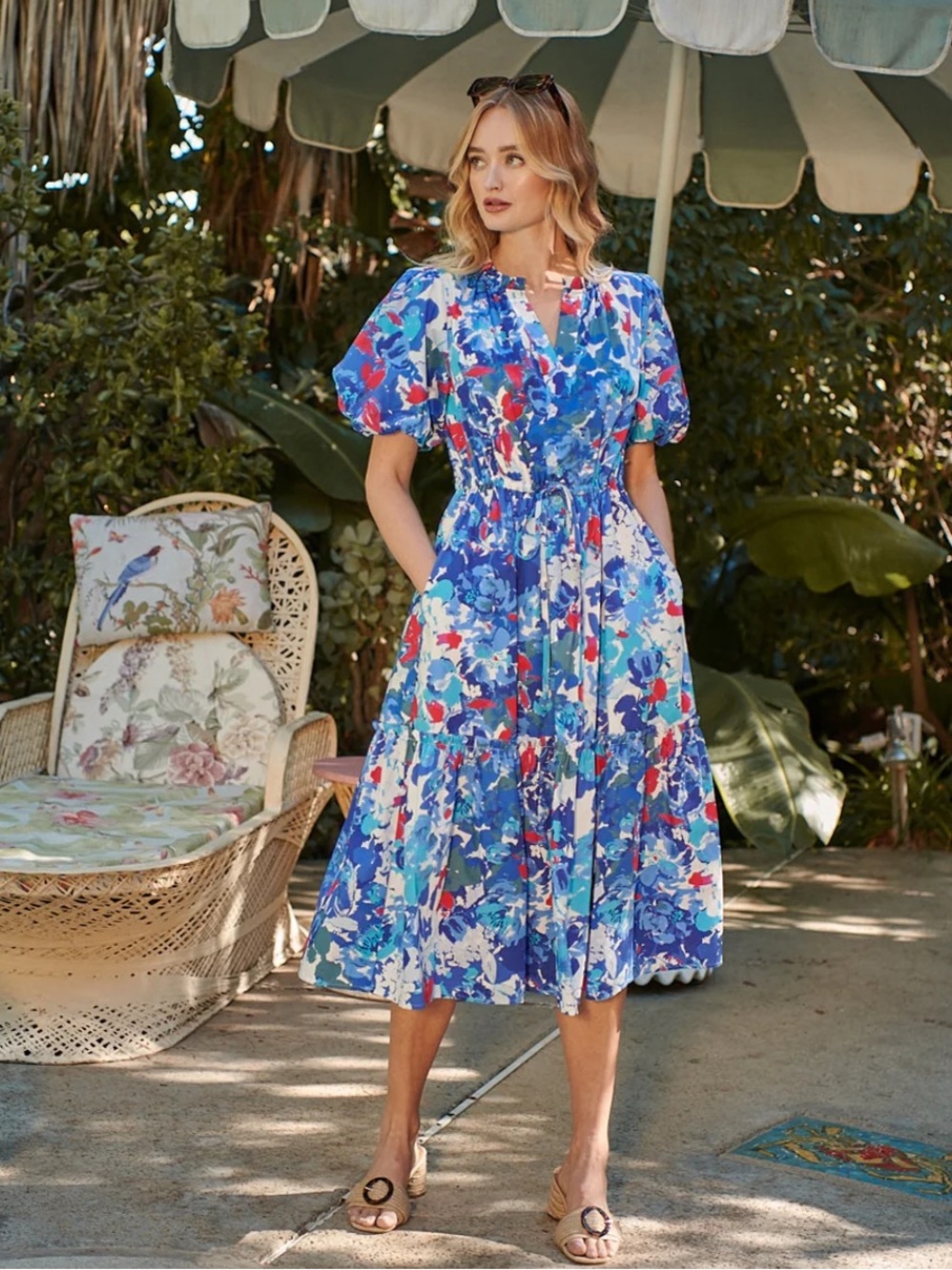 Sugarlips Canvas Floral Ginny Bubble Sleeve Midi Dress Medium NWT $99 Cotton